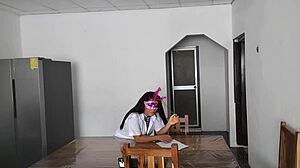 perverted student flashes tits seduces old man at breakfast desk