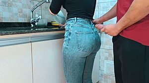 cumming hard on maid's big ass in gym clothes kitchen