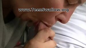 Young teen gulps jizz swallows cum deep throat