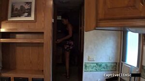 Phoenix Rose spreads in latex gloves for vibrator humiliation backstage