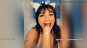 sexy latina slurps dildo in tub swallows condom cum with ahegao bliss