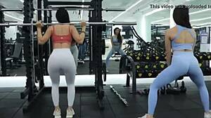 two sexy athletic korean models stretch tight bodies in leggings gym fun