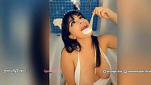 sexy latina slurps dildo in tub swallows condom cum with ahegao bliss