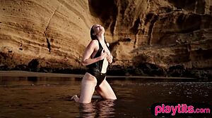 german babe strips juicy big ass tits on beach