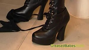 Thick curvy milf Kristine Swank rips off thong bikini, oils big tits and phat ass