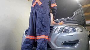 Mechanic fucks my shaved wife doggystyle creampie while i watch cuckold