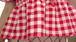 innocent tattooed girl rubs big dildo on pantyhose to cum