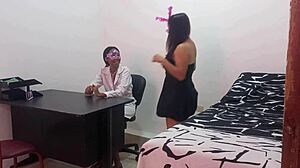 lesbian doctor flashes and masturbates with dildo alongside best friend patient