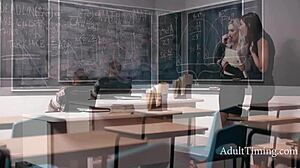 Lesbian Teacher Duo Caught Riding Guy's Cock Cowgirl in Classroom FFM Threesome