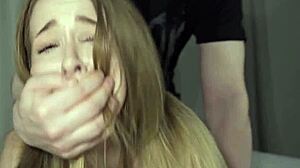 Petite teen cums nonstop in rough threesome doggystyle bent over monster cock pounding