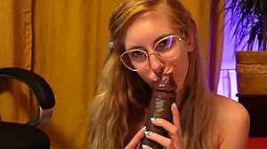 Blonde Braces Teen Sucks Monster BBC Dildo First Time Moaning