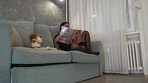 voyeur spies petite brunette's frustrated handjob sans panties in stockings