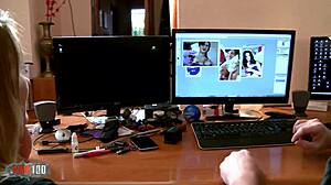 larry bends horny blonde secretary over for deepthroat tit fuck