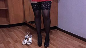brunette milf in stockings masturbates feet fetish with shoes at home