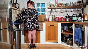 German Curvy Redhead Huge Natural Boobs Fucked Kitchen Banana Orgasm