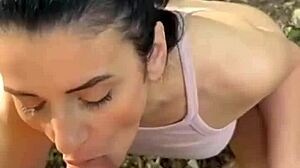 😏 they're giggling while she deepthroats in the forest 😂 cumshot incoming!