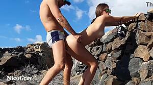 Hot teen risks public outdoor sex bent over riding clothed