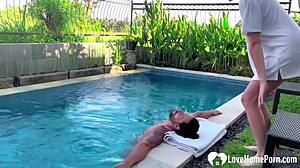 Poolside seduction turns into blonde's bent-over orgasm ride