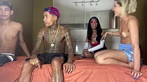 put partner's girl on her knees for sloppy public lick he joins bi fun