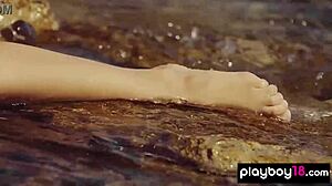 shy teen katrine pirs strips bikini to bare pussy outdoors