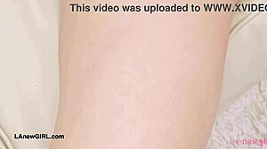 Beachy blonde teen babe strips sexy petite body on sofa for daddy.