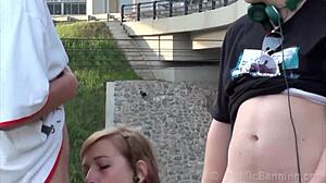 blonde teen milf threesome cum in mouth public street