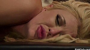 Blonde huge tits slave gags on strapon in bound lezdom whipping