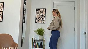 ripping blonde roommate's leggings unleashes rough facial cumshot