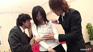 Uncensored Jav Teen's Bushy Pussy Double Creampie 3some