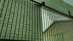 Dominatrix Mistress April Brutally Fucks Bound Prisoner with Strapon in Military Camp