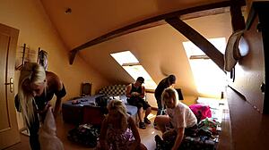 school skirt stockings heels hide big dick threesome blowjob backstage