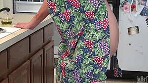 Mature housewife raehart pleasures kitchen duties with huge tits