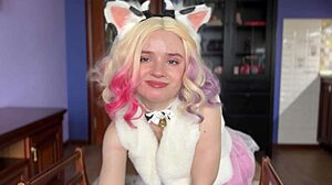 Petite Curly Blonde Nerd Cosplay Babe Milks In Stockings And Socks