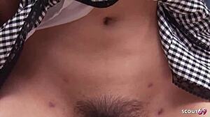 Petite Japanese stepdaughter makes stepmom's guy lick her hairy pussy