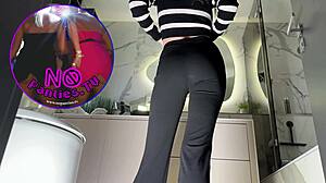 imagine tall brunette secretary in glasses lifting skirt in office bathroom