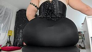 Ready to worship naughty milf sonya's big booty in tight black leather skirt and corset as she teases shakes spanks ignoring all?