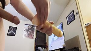 crossdressing guy takes cock and dildo deep in ass