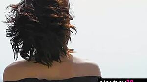 petite sade mare strips her tight shaved pussy on the beach