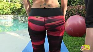 blonde babes alix lovell savannah styles scissor n toy after yoga sweat