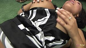 Big fake tits lesbians in stockings and heels 69 lick before double dildo pussy fuck