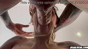 Sexy tattooed milf spreads for rough anal pounding and creampie