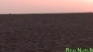 Nuru masseuse group handjob ends in mouth jizz!