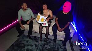 Chubby latina amateur gets fucked doggystyle and missionary by two guys in threesome casting, one cums on face
