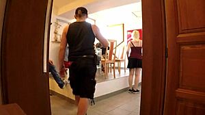 school skirt stockings heels hide big dick threesome blowjob backstage