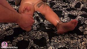 her curvy milf feet tease with barefoot footjob on bed