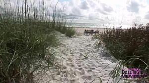 two wild party brunettes tease shaved pussies at beach shower