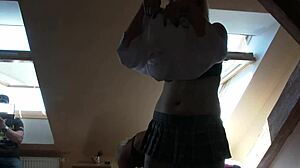 school skirt stockings heels hide big dick threesome blowjob backstage