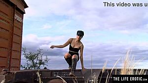 Kinky teen fingers hairy pussy in abandoned rail car