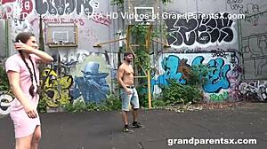 grandpa and grandma snatch horny pigtail teen for cfnm handjob fingering threesome!