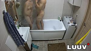 luuv esteban and foxy flash natural tits in steamy shower voyeur fun